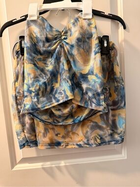 Blue and Mustard Abstract Print Two-Piece Set